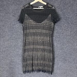 Ezra Dress Women L Large Black Geometric Crochet Sheath Midi Lined Cotton